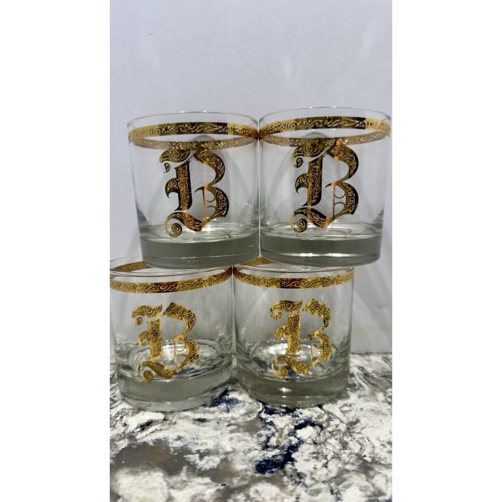 4 Vintage Lowball Culver MCM 22k Monogrammed B Bar Glasses Tumblers
